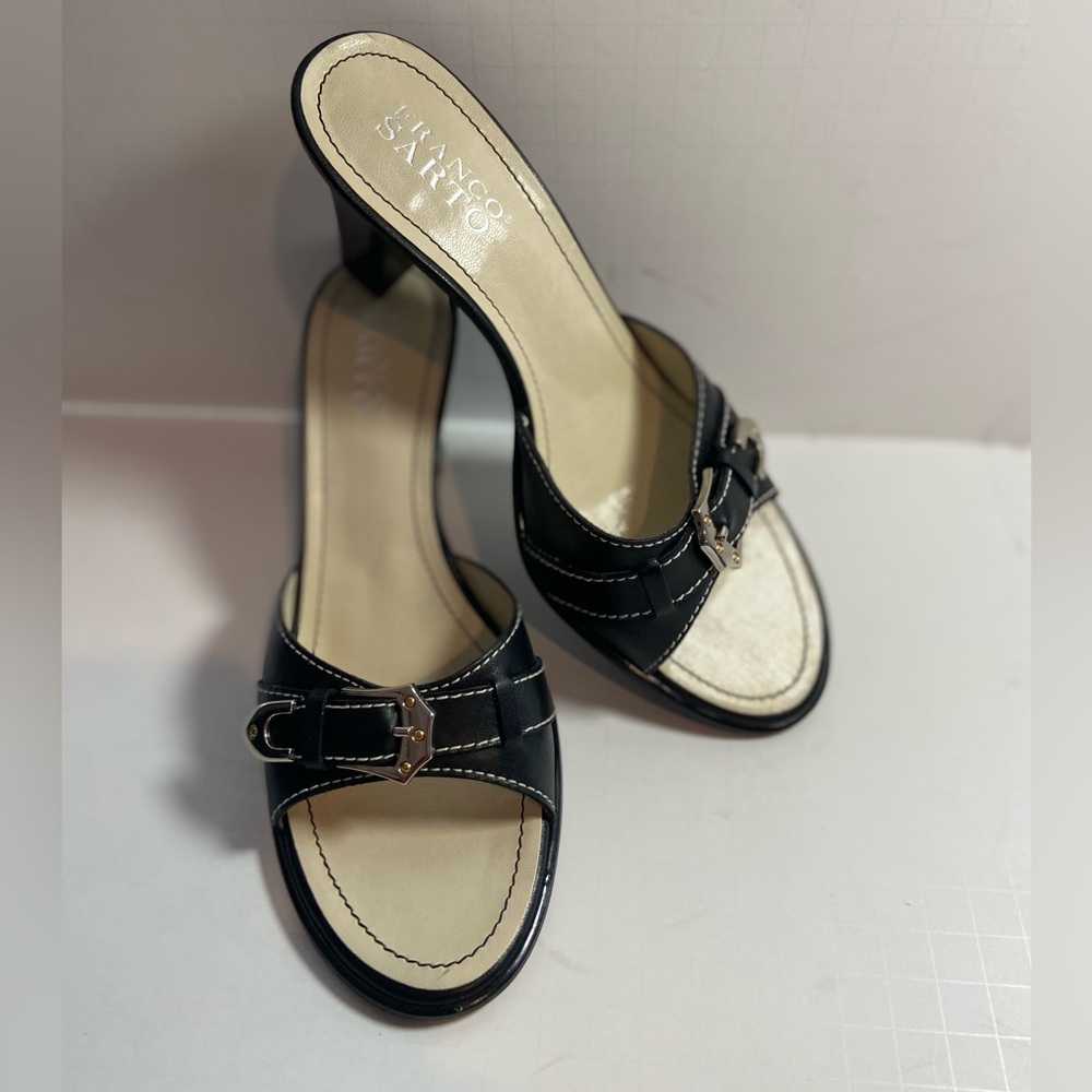 Franco Sarto~Buckle Design~Black  Leather~Open Toe~Slip-On~Heel~Sandal~Size 8